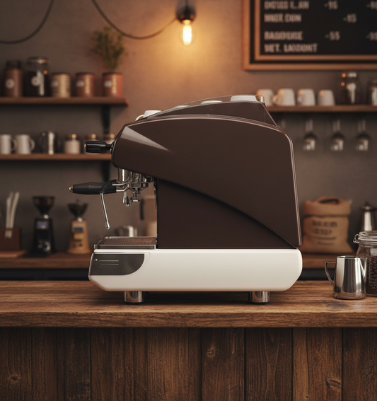Brown espresso machine in rustic café