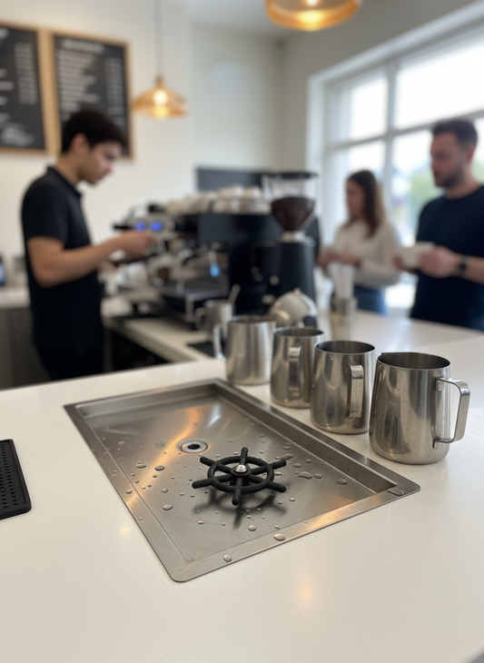 Pitcher rinser in café workspace