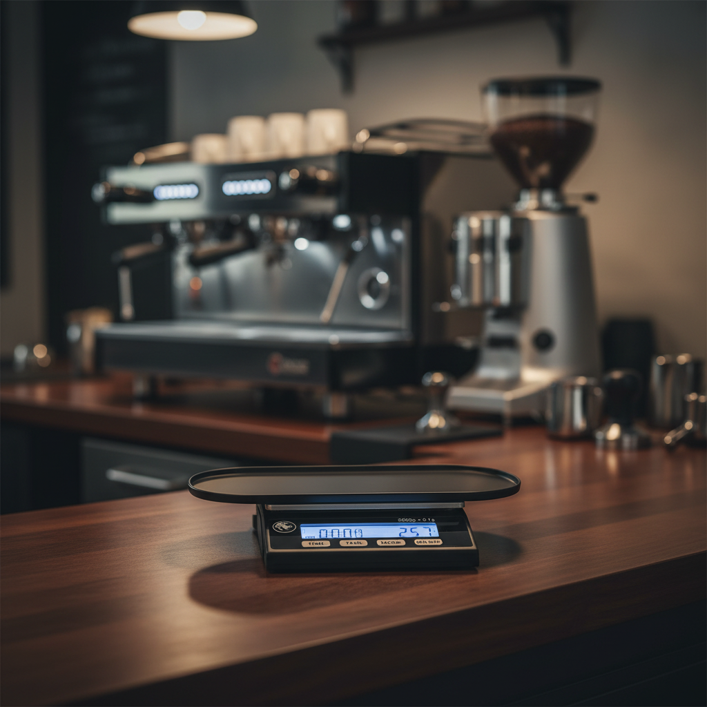 Espresso scale on modern café counter