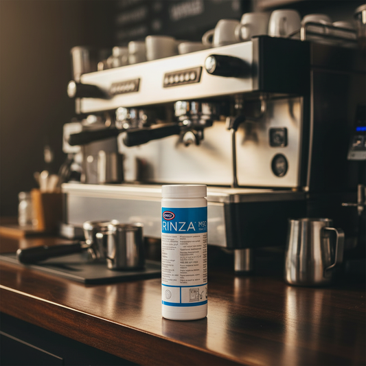 Urnex Rinza M90 on cafe counter