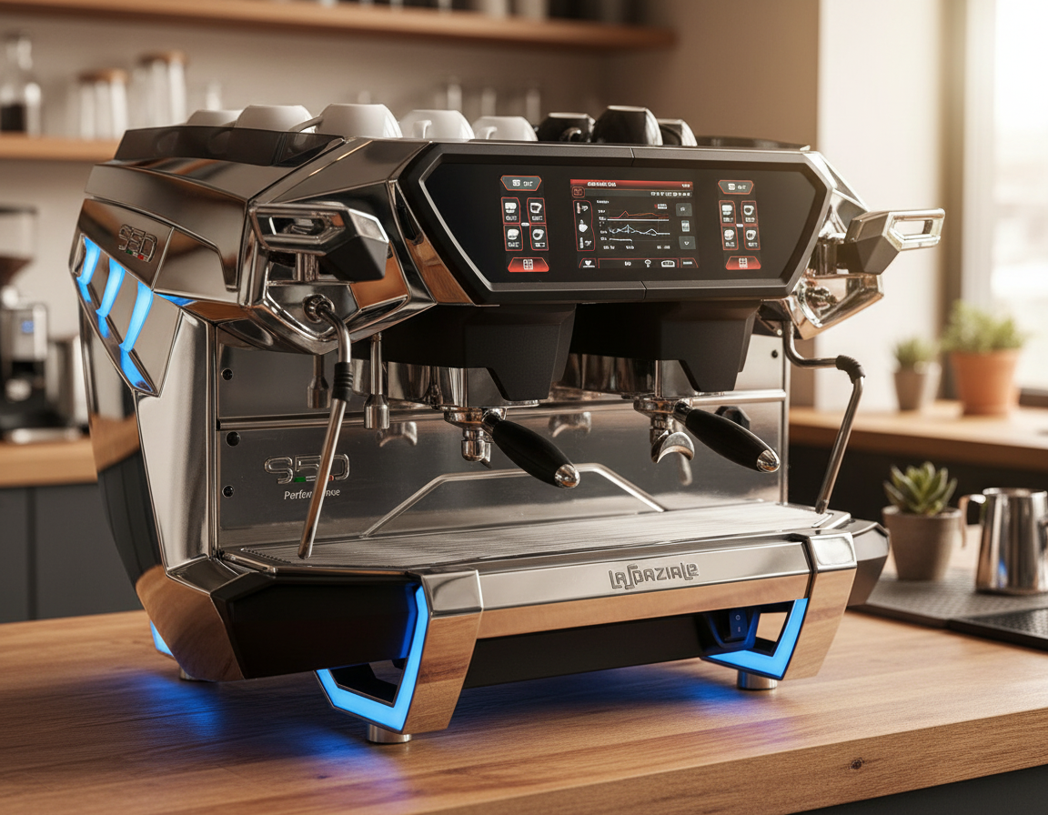 Chrome espresso machine in café setting
