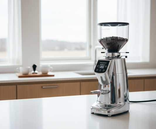 Mahlkonig X54 on white quartz in Scandinavian kitchen