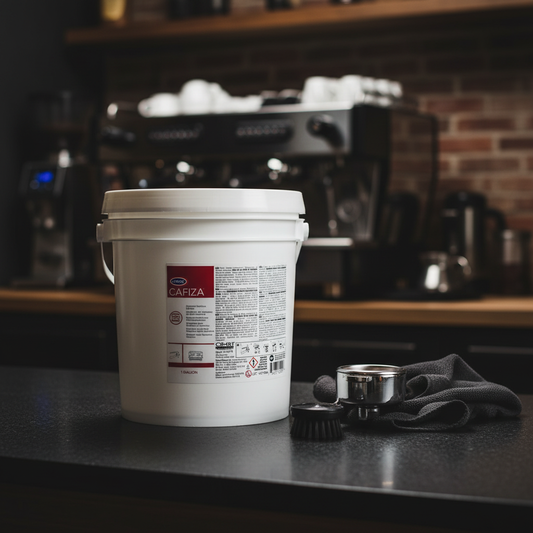 Urnex Cafiza in professional barista workspace