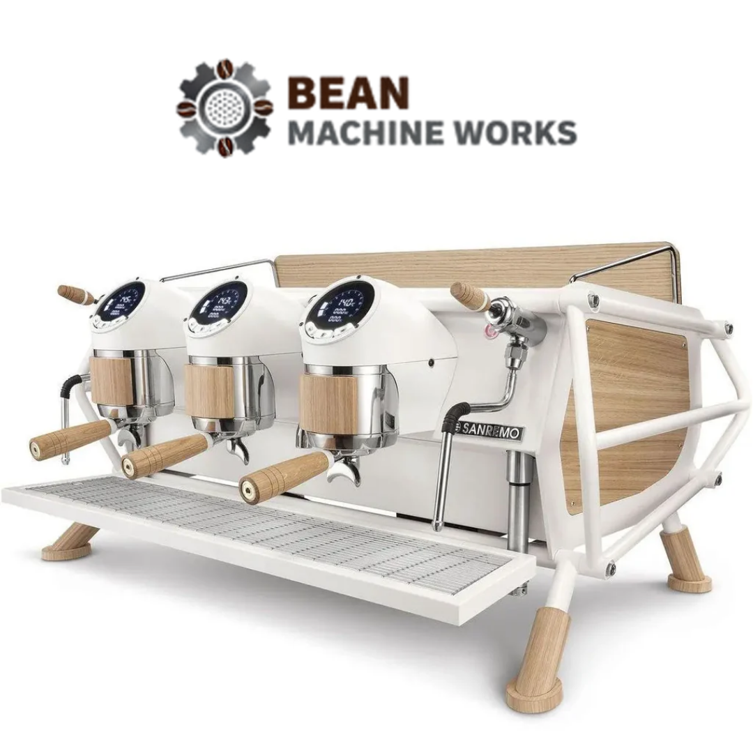 Sanremo Cafe Racer White/Wood 3 Group Commercial Espresso Machine