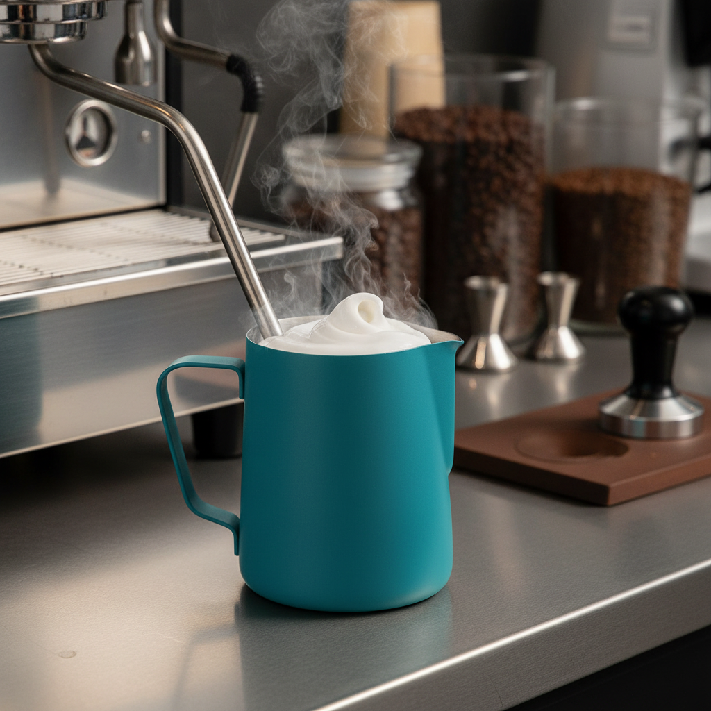 Rhino milk pitcher with steamed milk