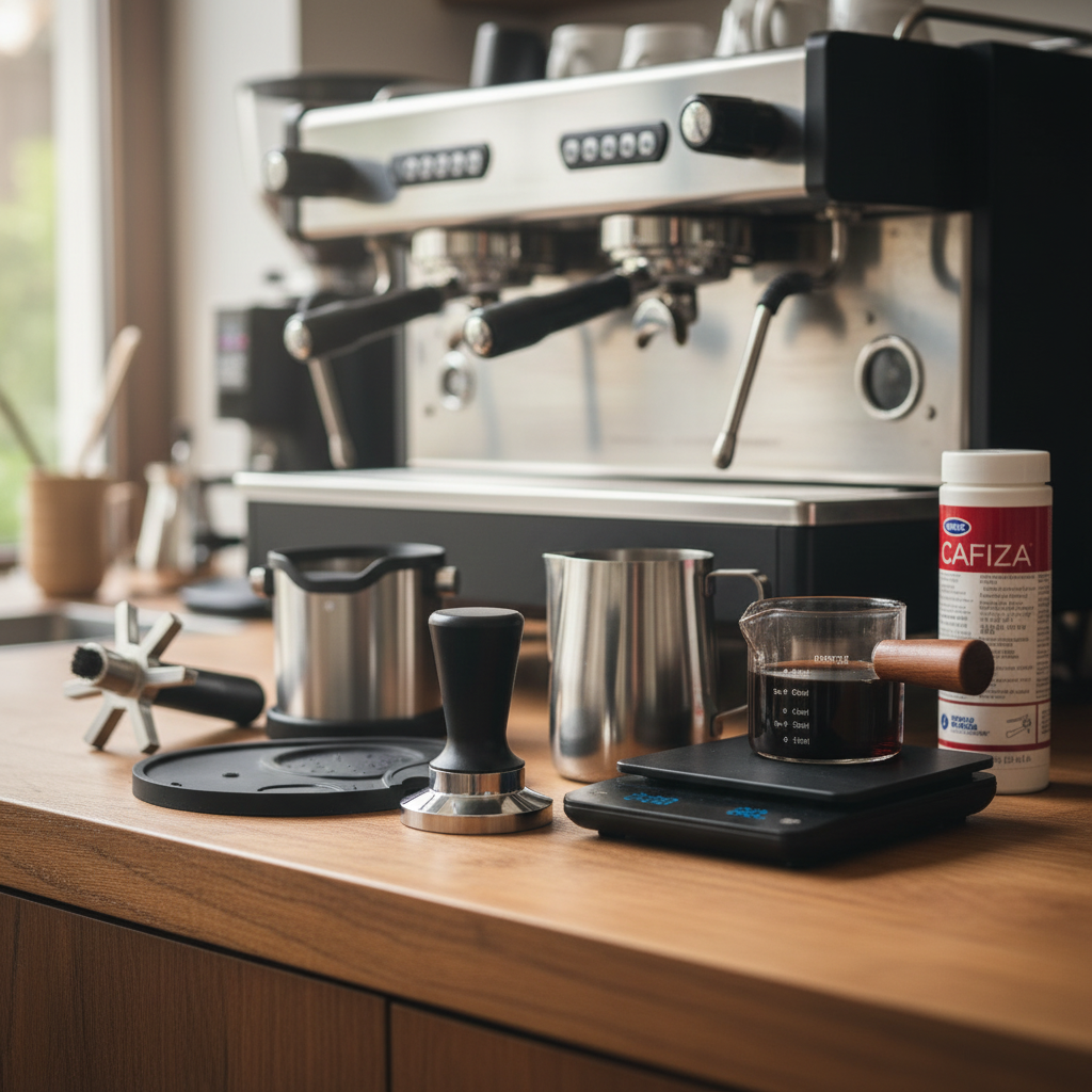 Barista kit on modern coffee shop counter