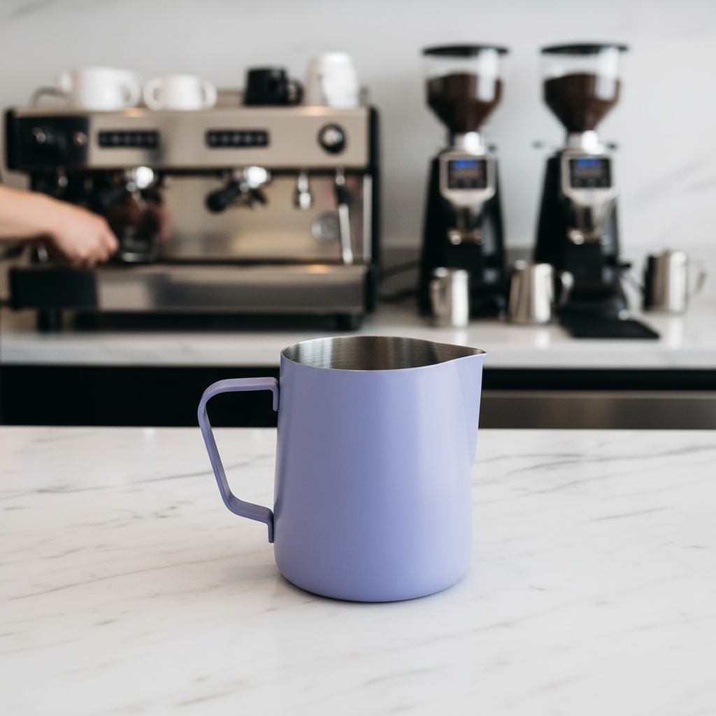 Lavender milk pitcher on marble countertop
