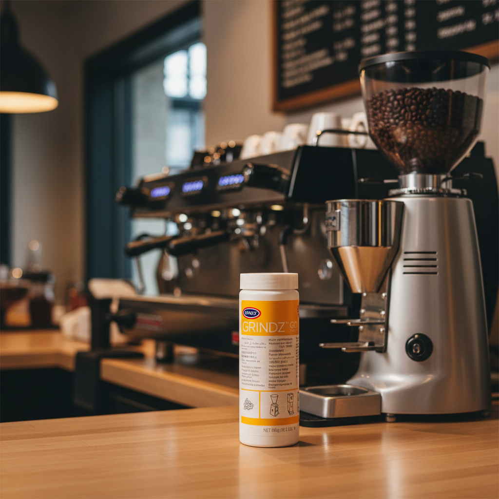 Urnex Grindz in professional coffee shop setting