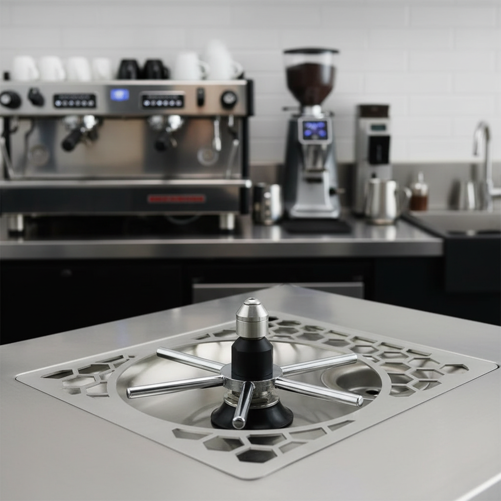 Professional shot of pitcher rinser in café workspace