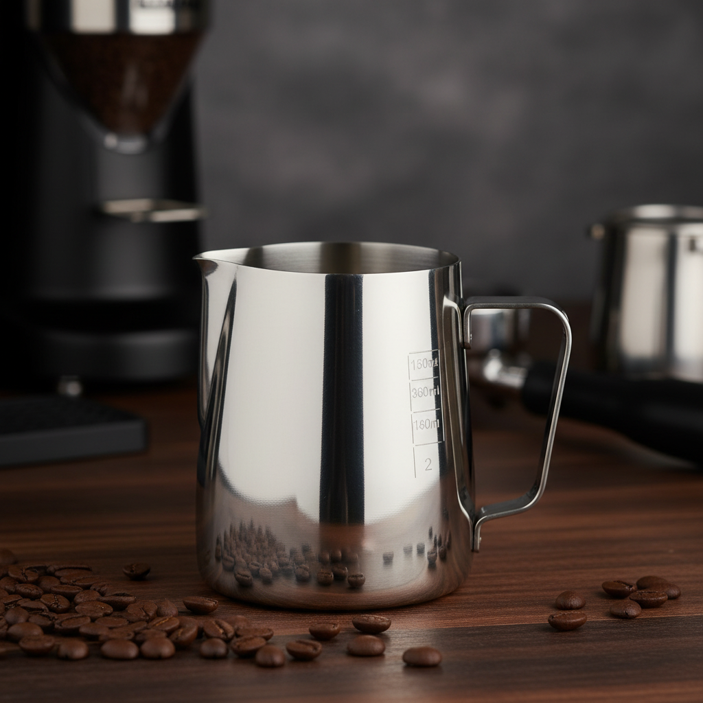 Rhino Pro Milk Pitcher on wooden barista station