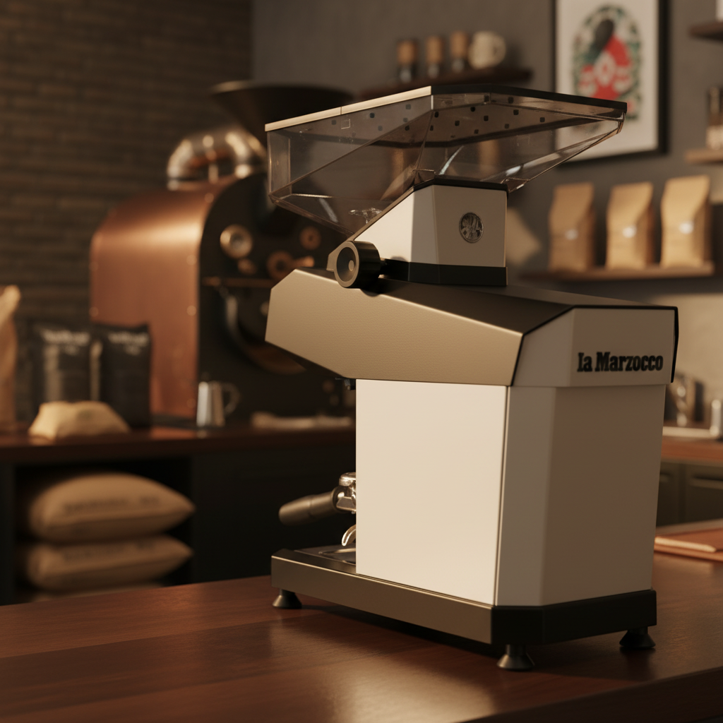 La Marzocco Swan Grinder - Artisan Coffee Roastery Angled Side-Back View