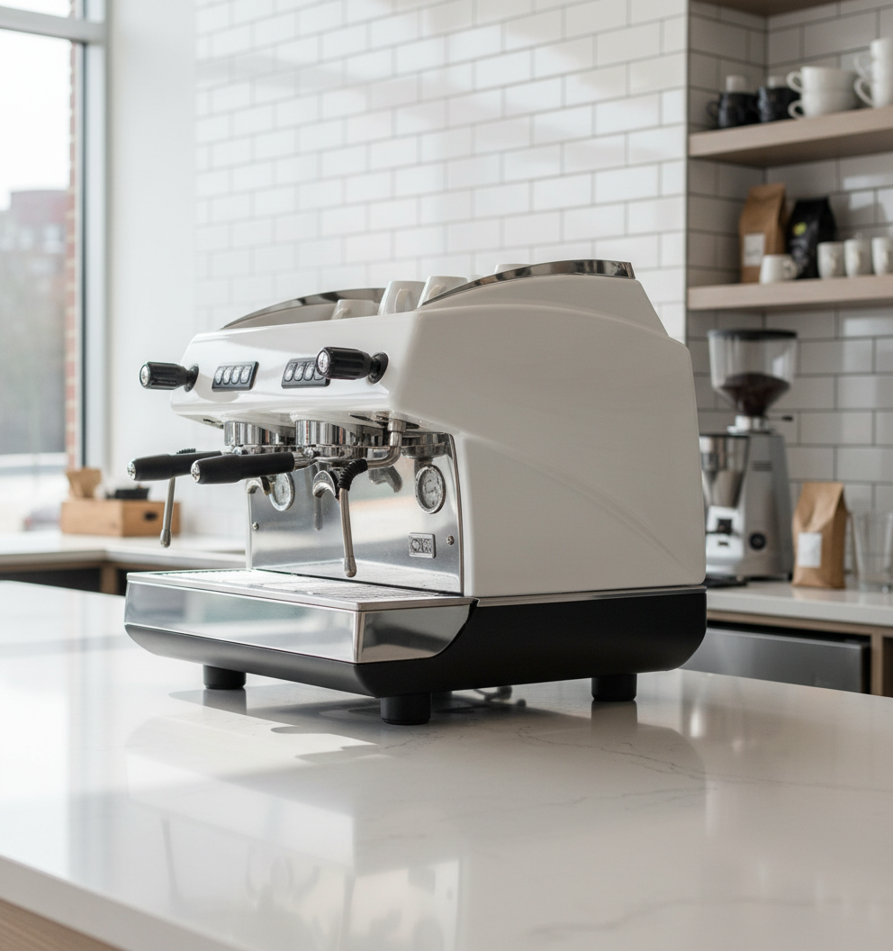 White espresso machine in contemporary café