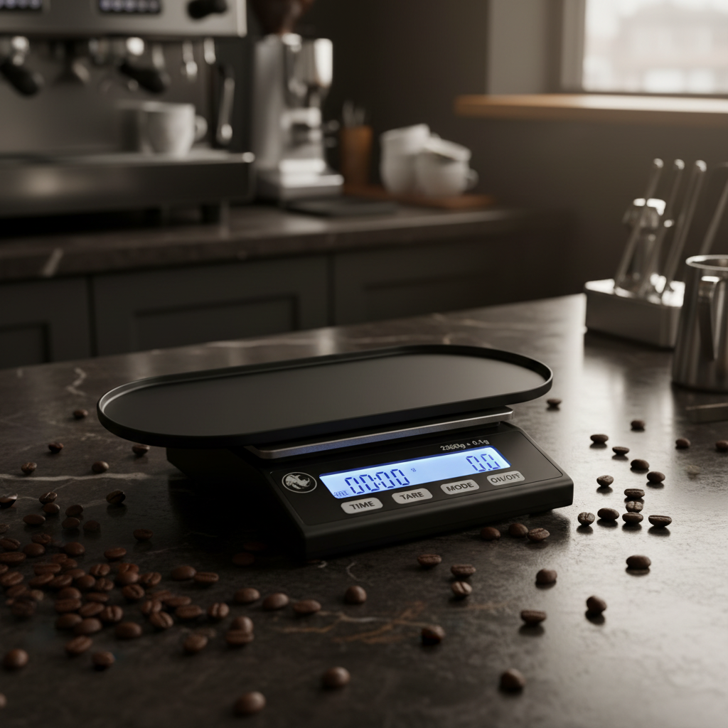 Scale on dark marble café counter