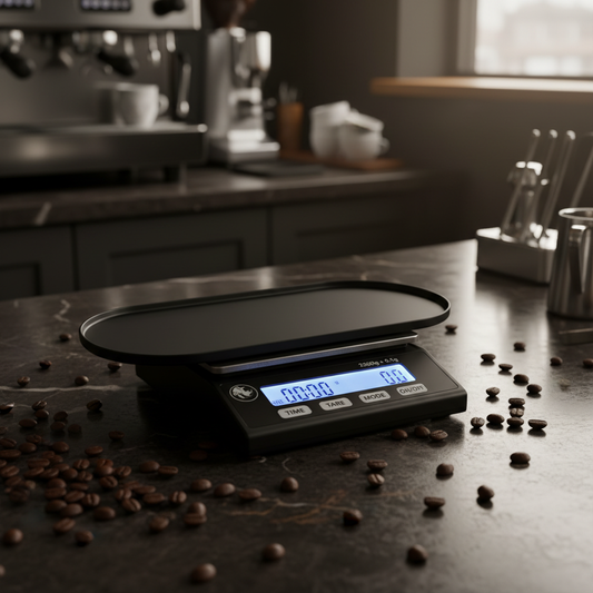 Scale on dark marble café counter