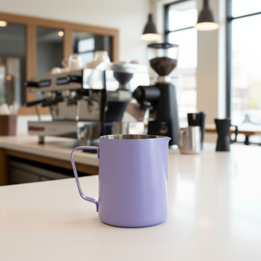 Lavender milk pitcher with café equipment