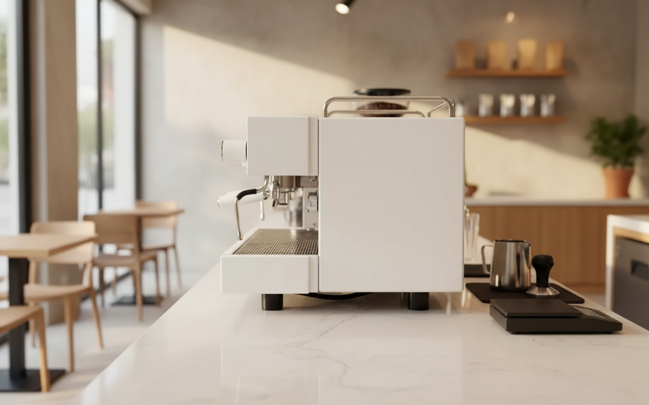 White Machine Side View in Contemporary Café