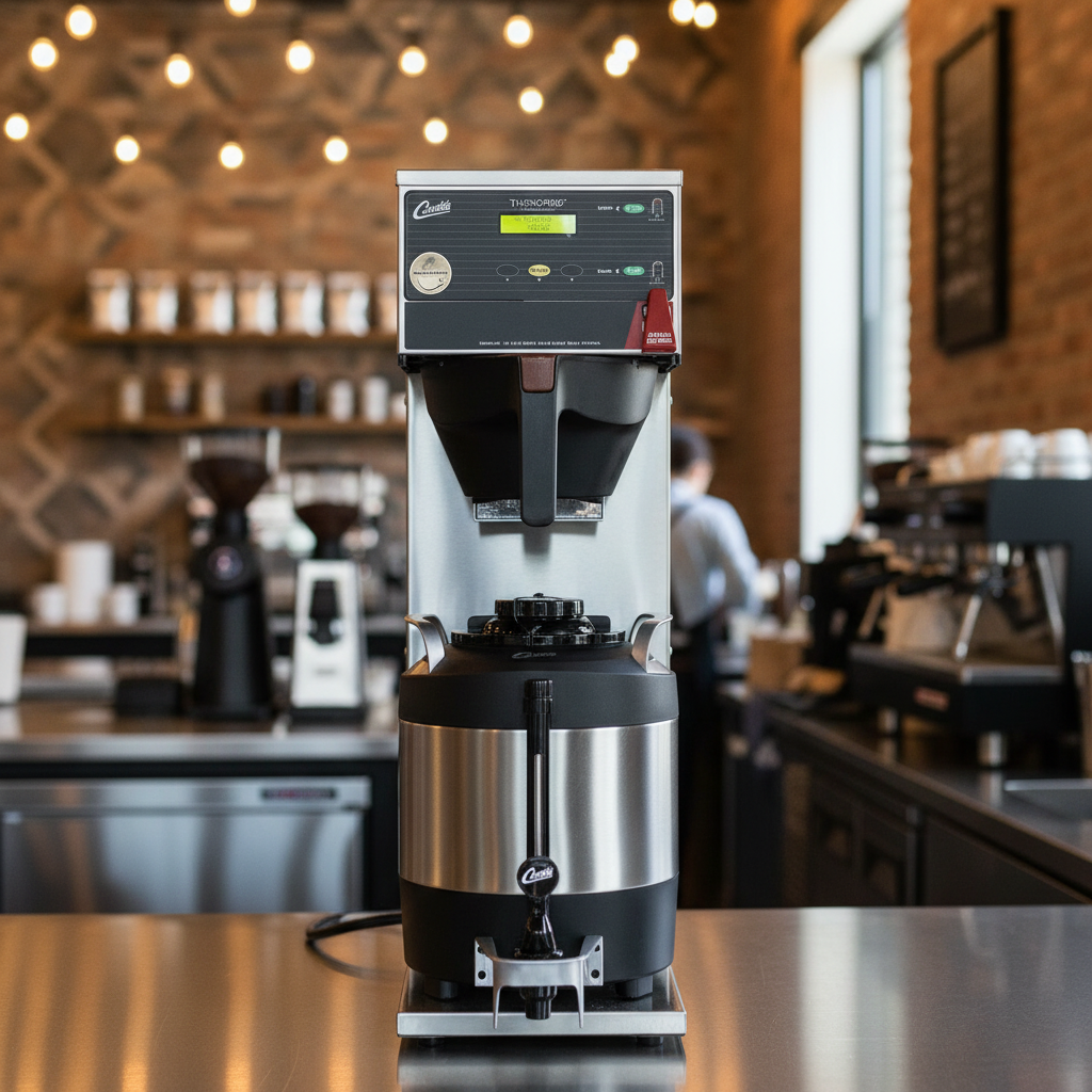Coffee brewer in modern café setting