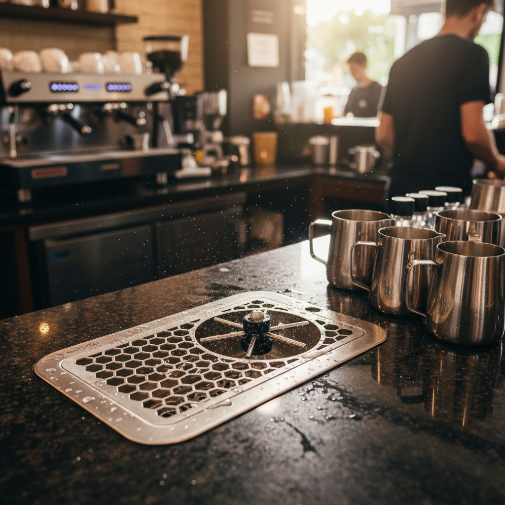 Close-up detail of pitcher rinser with milk pitchers