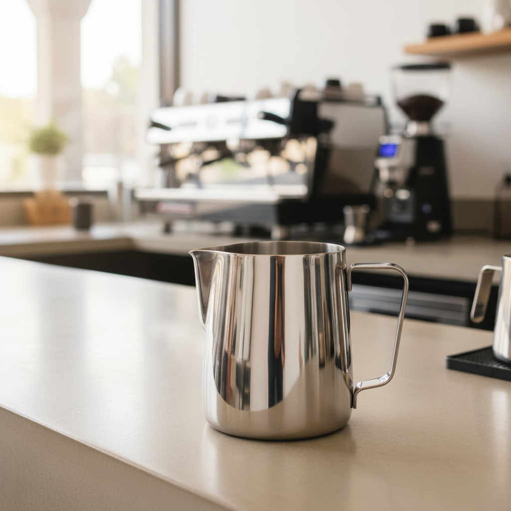Rhino Pro Milk Pitcher on espresso bar counter