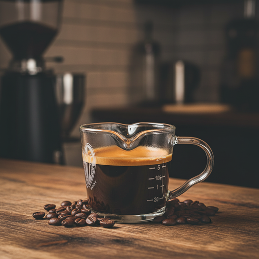Shot glass with espresso on counter