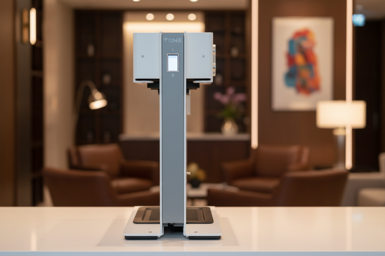 White brewer in upscale hotel lobby