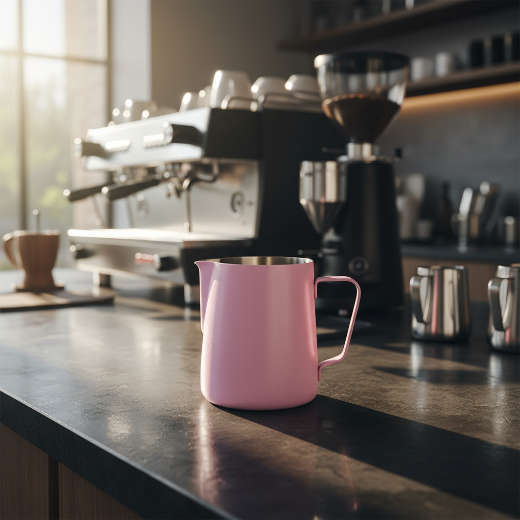 Rhino pitcher on espresso bar counter