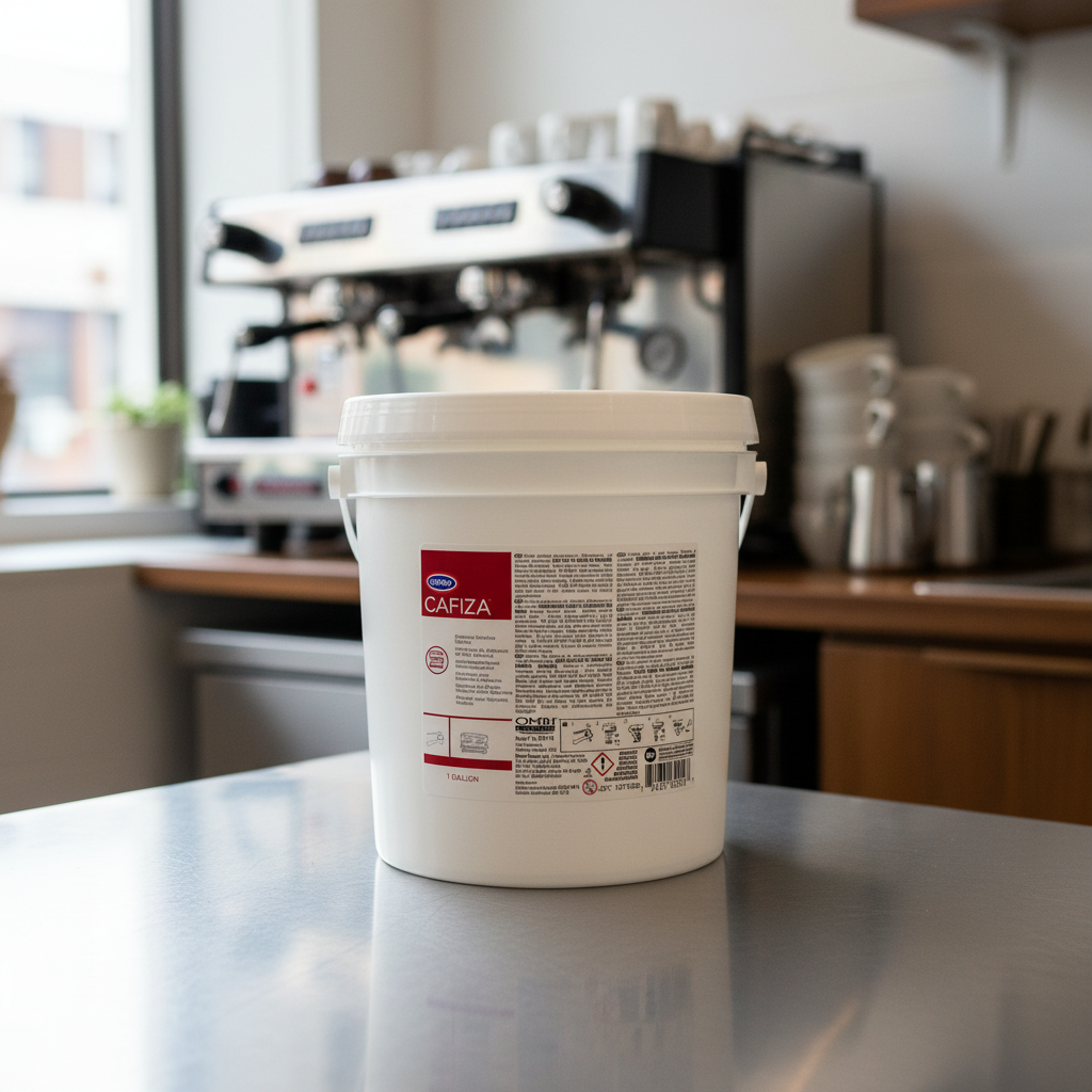 Urnex Cafiza in commercial coffee shop setting