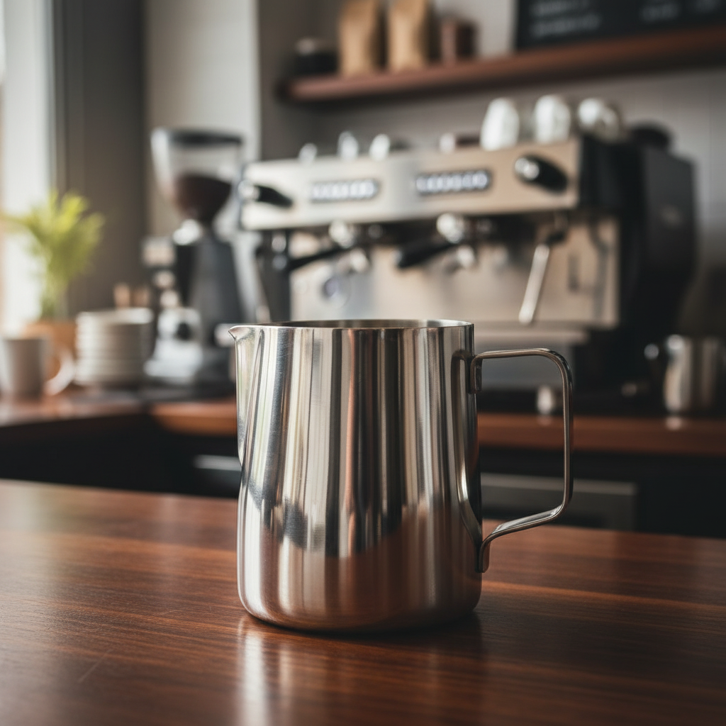 Rhino Pro Milk Pitcher on espresso bar counter
