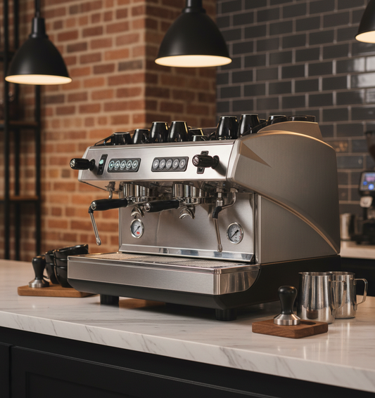 Silver espresso machine in coffee bar
