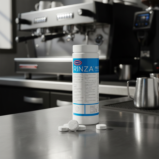 Urnex Rinza M90 on espresso machine counter