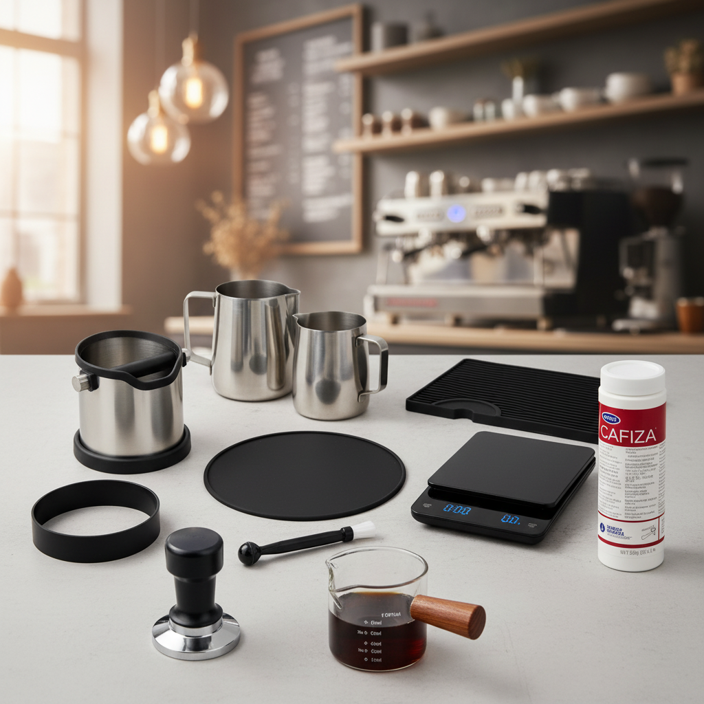 Barista tools and accessories in modern cafe