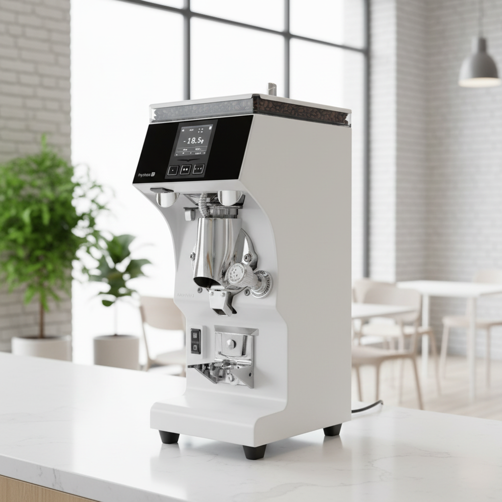 White grinder in minimalist coffee shop