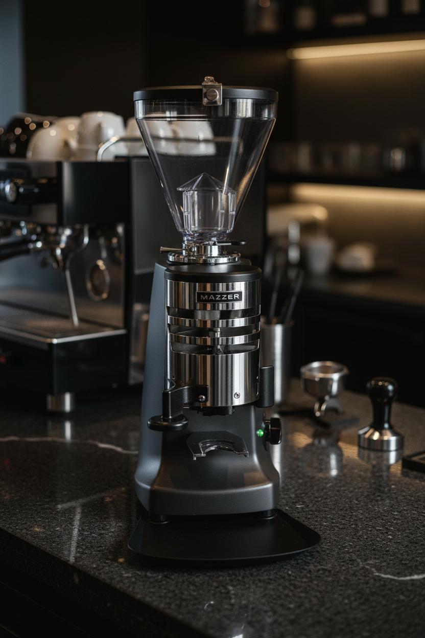 Mazzer grinder close-up with dramatic lighting
