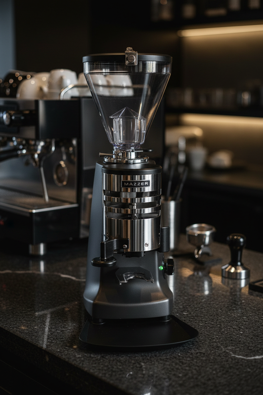 Mazzer grinder close-up with dramatic lighting