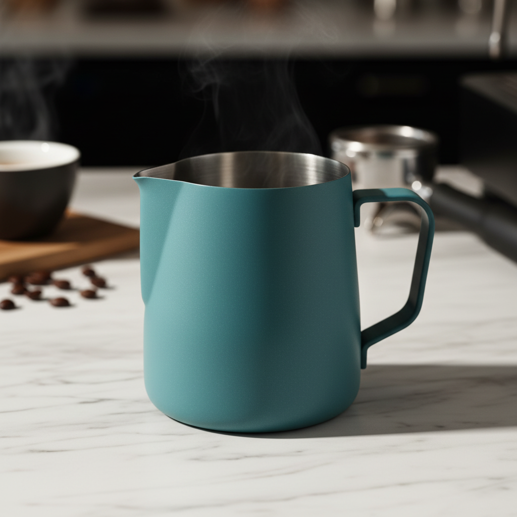 Rhino milk pitcher on marble coffee bar