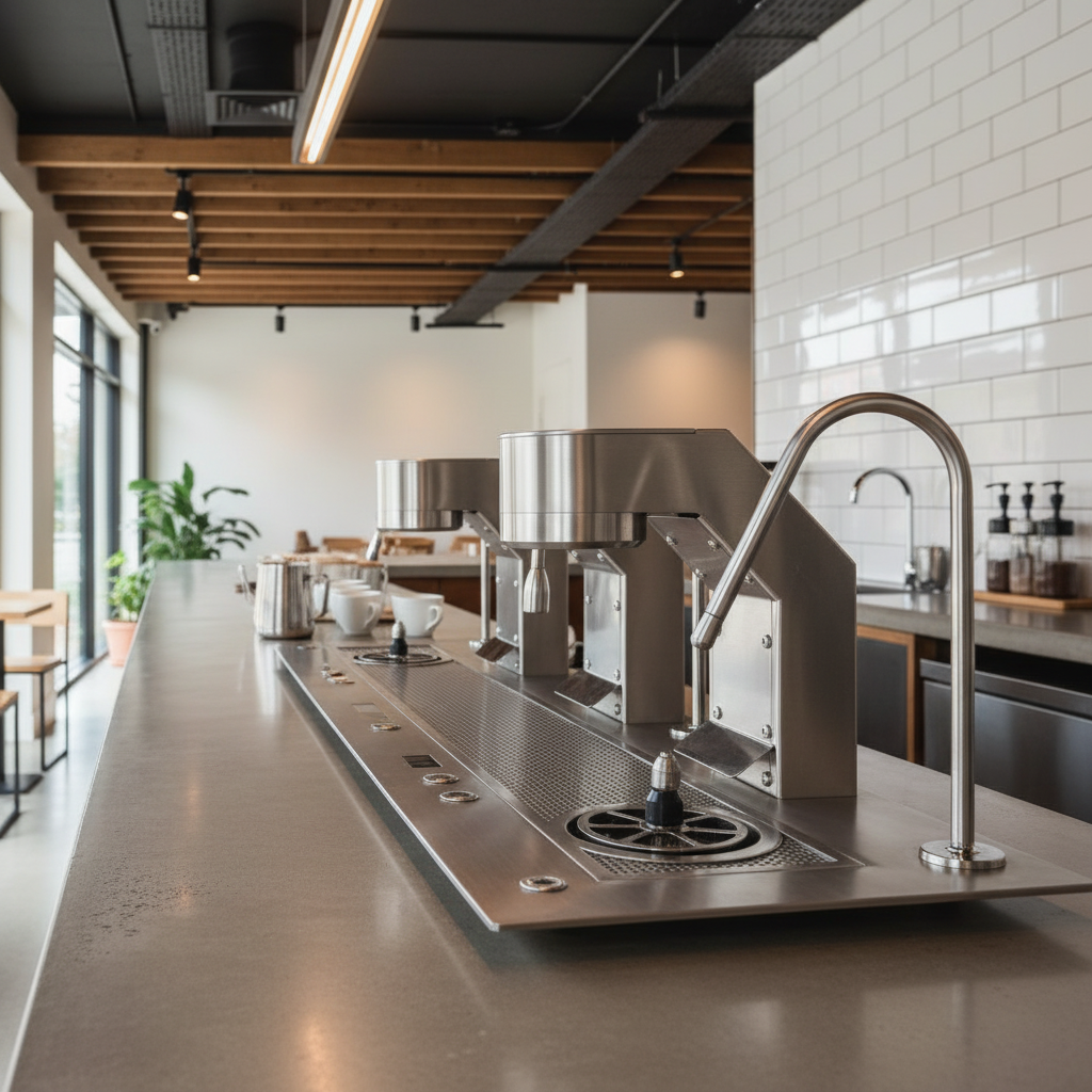 Mavam espresso machine in modern coffee shop with subway tiles