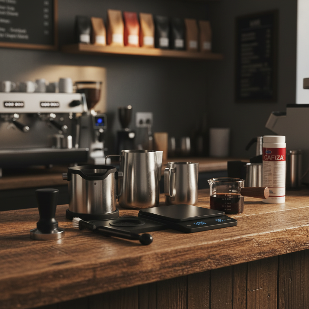 Premium coffee equipment kit on rustic wooden bar