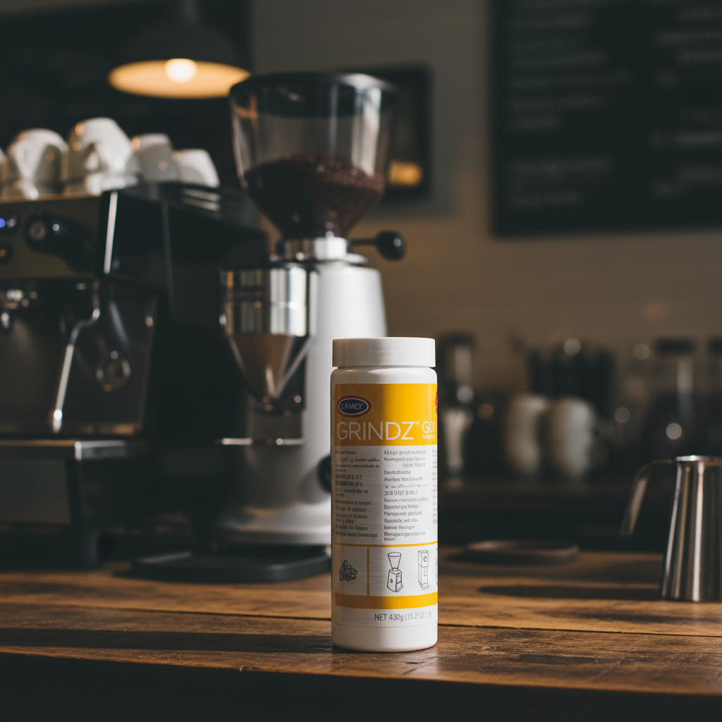 Urnex Grindz on dark wooden counter with grinder