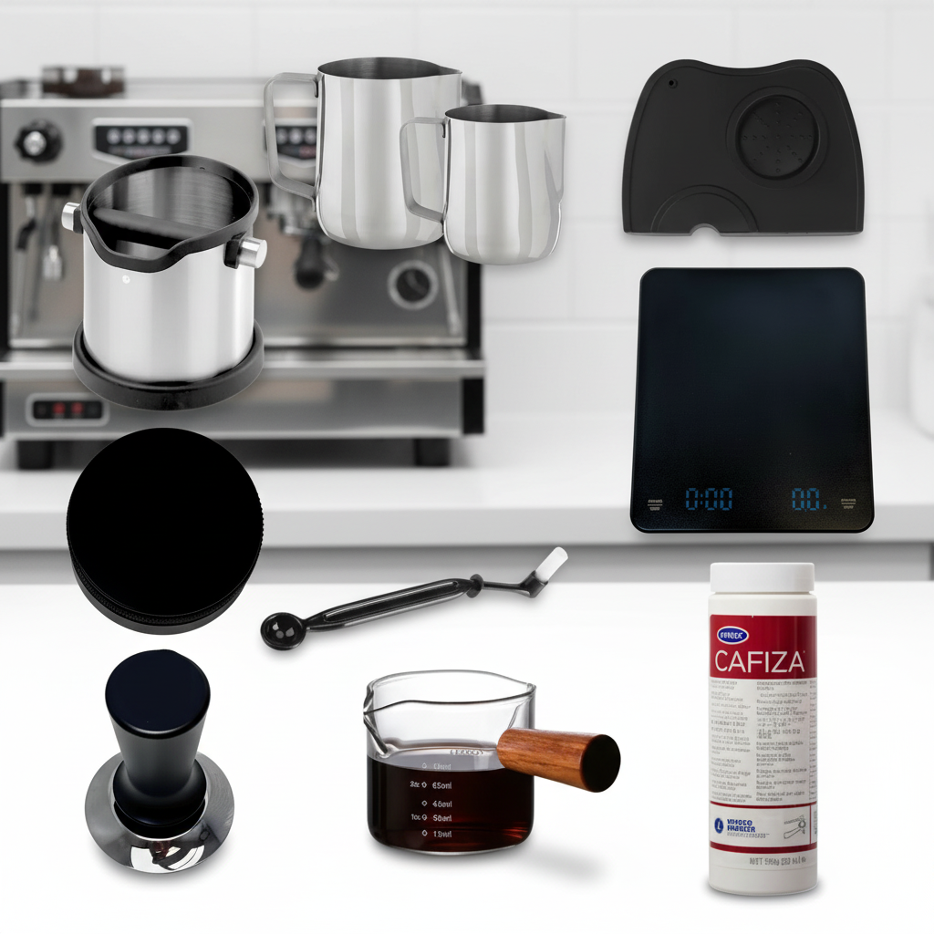 Complete barista starter kit on white commercial counter
