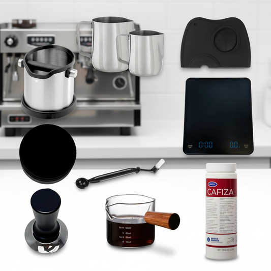 Complete barista starter kit on white commercial counter