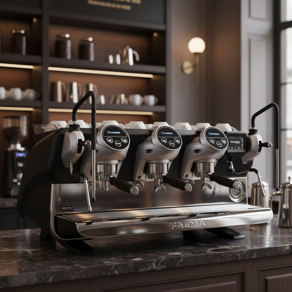 Faema E71E in elegant coffee bar - side view