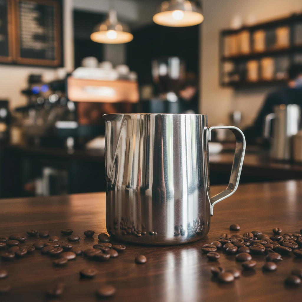 Rhino Pro Milk Pitcher on wooden café counter
