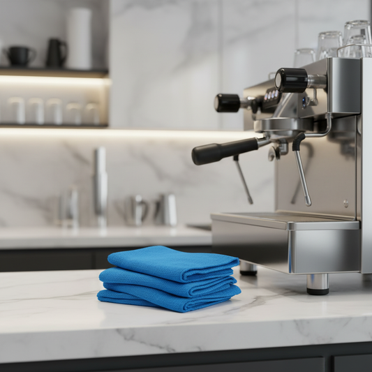 Blue steam wand cloths in upscale coffee shop