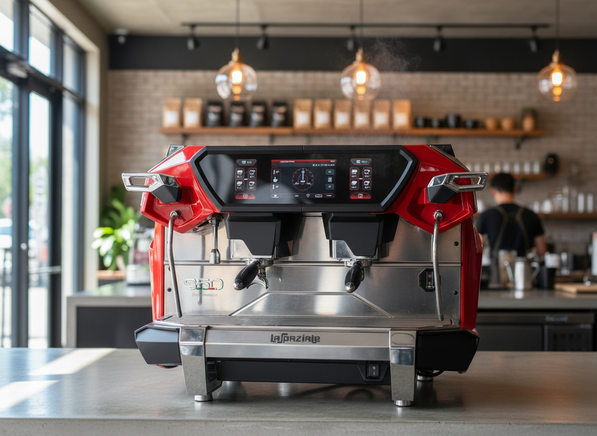 Red espresso machine in café setting