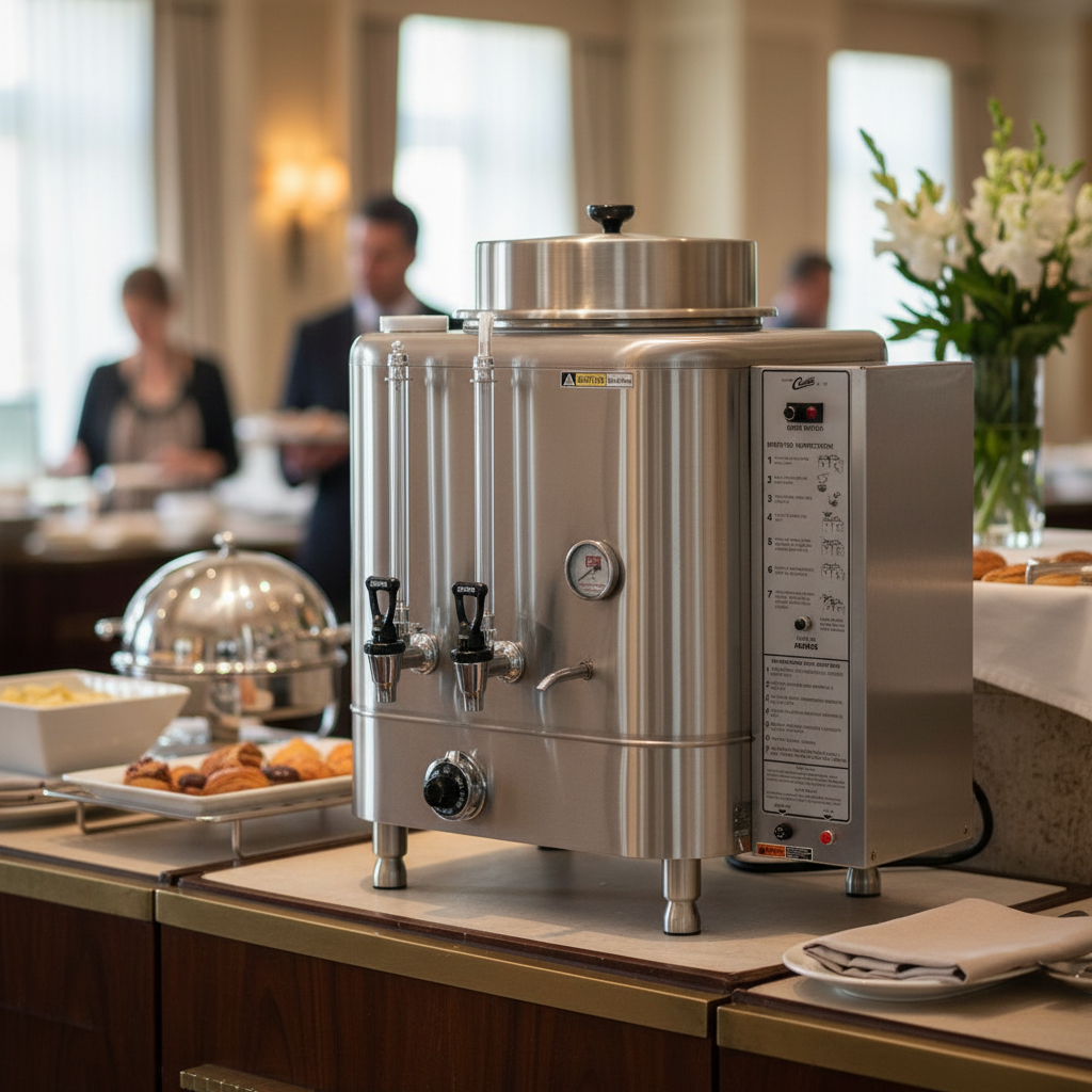 Coffee urn in hotel buffet setting