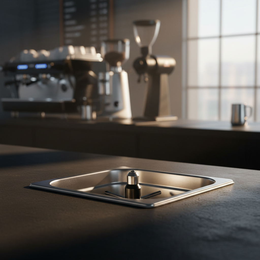 Rhino Pitcher Rinser Close-up Detail with Coffee Bar Background