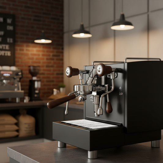 Izzo Alex Duetto IV Plus - Side view with professional coffee bar background