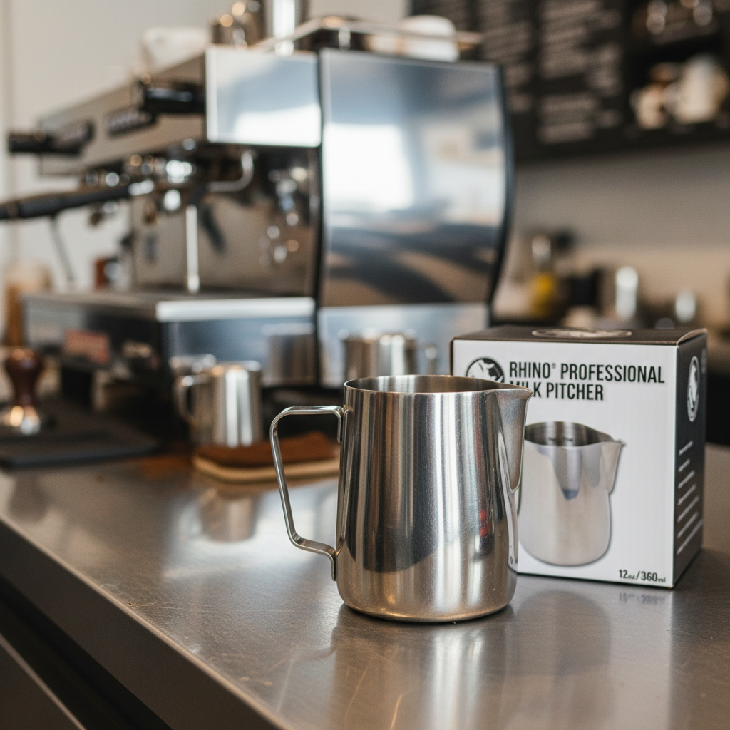 Rhino Pro Milk Pitcher on steel prep station