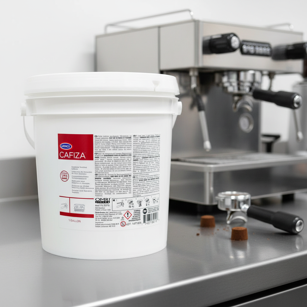 Urnex Cafiza with espresso equipment