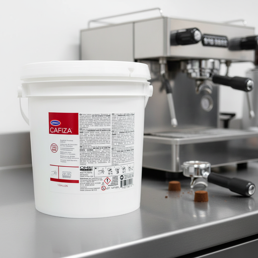 Urnex Cafiza with espresso equipment